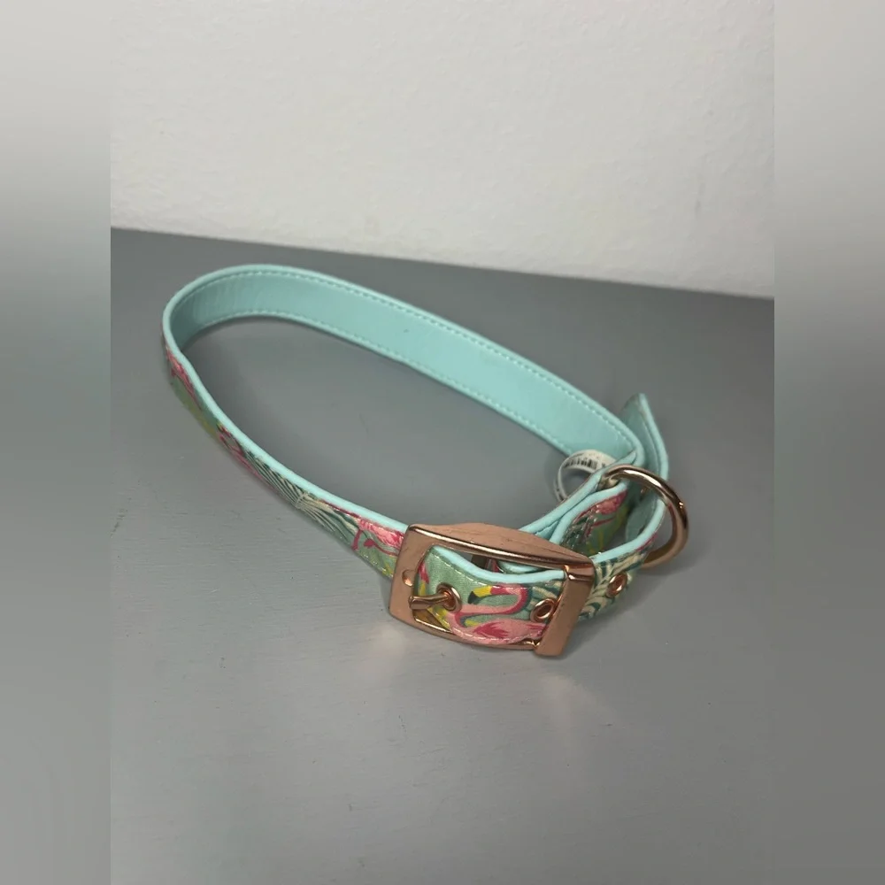 Vibrant Life Premium Flamingos Rose Gold Metal Accents Summer Adjust Dog Collar